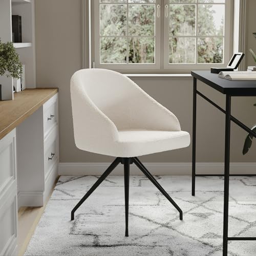 Martha Stewart Sora Stationary Swivel Task Chair with Sloped Arms for Home Office in White Boucle with Oil Rubbed Bronze Frame