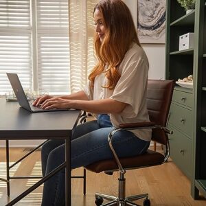 Martha Stewart Piper Swivel Task Chair with Armrests for Home Office in Saddle Brown Faux Leather with Polished Nickel Frame