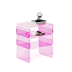 clear acrylic 3-tier end table/nightstand – sleek bedside storage with durable design, perfect for bedrooms, living rooms, or modern interiors – ideal as a bedside table or sofa side piece (pink)