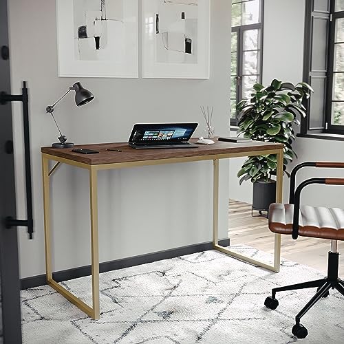 Martha Stewart Noah Home Office Parsons Desk in Walnut Wood Grain with Polished Brass Metal Frame