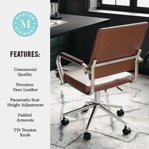 Martha Stewart Piper Swivel Task Chair with Armrests for Home Office in Saddle Brown Faux Leather with Polished Nickel Frame