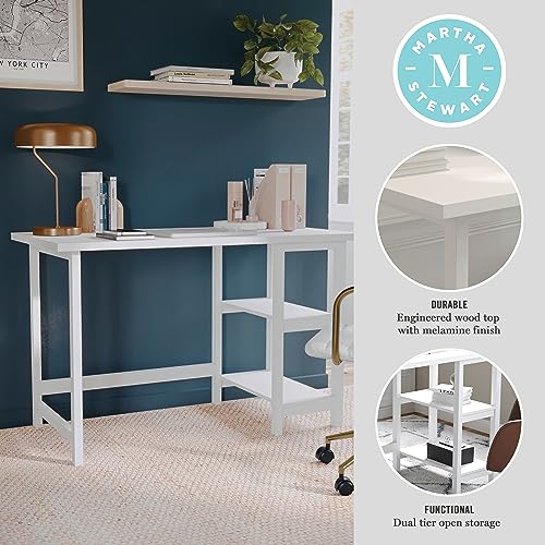 Martha Stewart Beckett Modern Trestle Desk with Open Side Shelving in White Wood Grain Finish