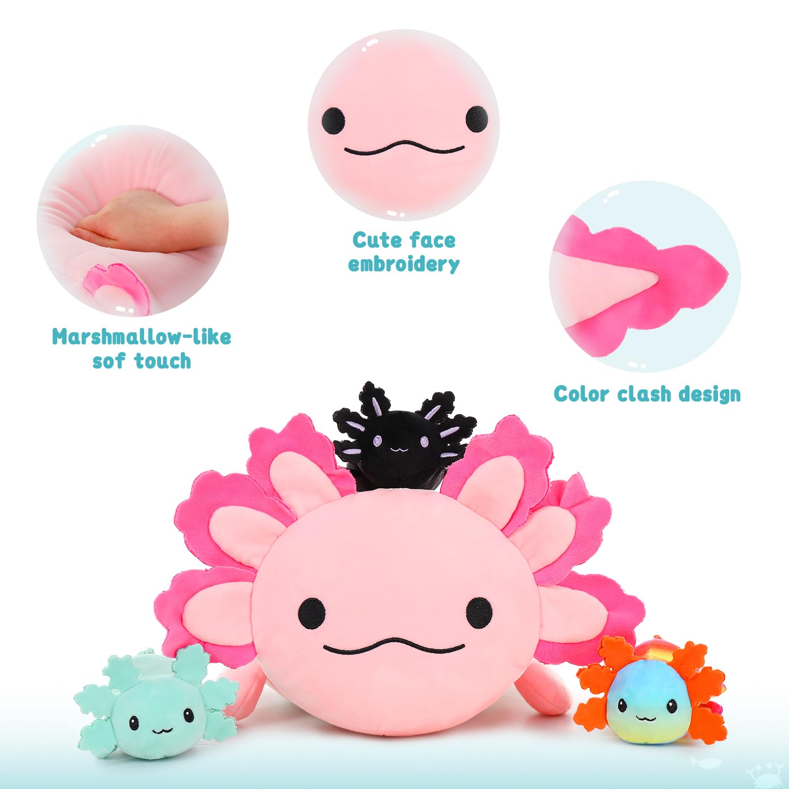 MaoGoLan 4Pcs Giant Axolotl Plush with 3 Babies Inside-23.5" Large Ultra Soft Axolotl Stuffed Animals Throw Pillow-Squishy Plush Collection Gift for Axolotl Lover,Kids,Teens