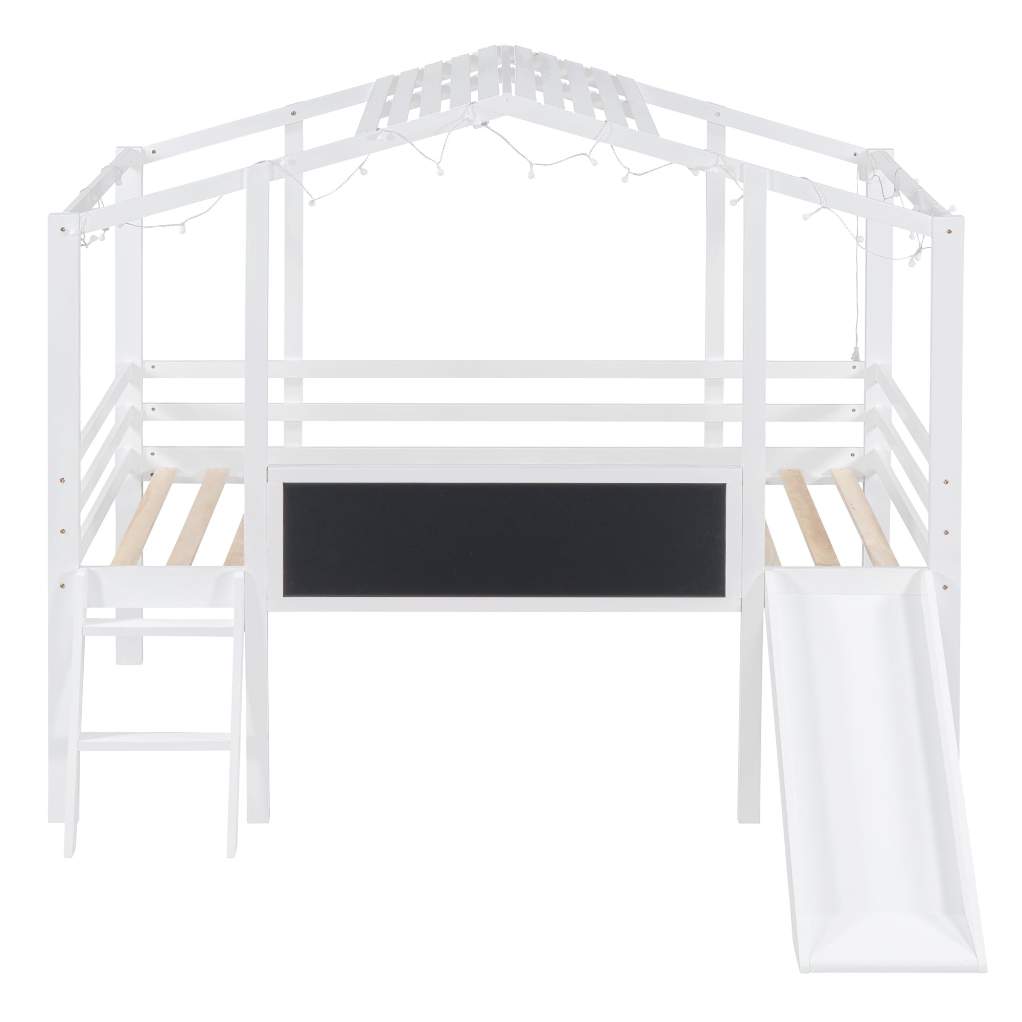 Kids House Bed with Slide, Twin Size Low Loft Bed with Light and Blackboard, Wood Treehouse Loft Bed with Ladder and Slats Support, White