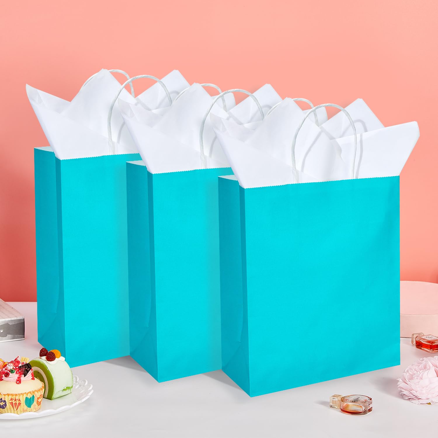 DjinnGlory 50 Pack Medium Size Teal Blue Paper Gift Bags with Handles 10x8x4 Inch and 50 White Tissue Paper for Small Business Wedding Bridal Baby Shower Birthday Party Favors Goodies