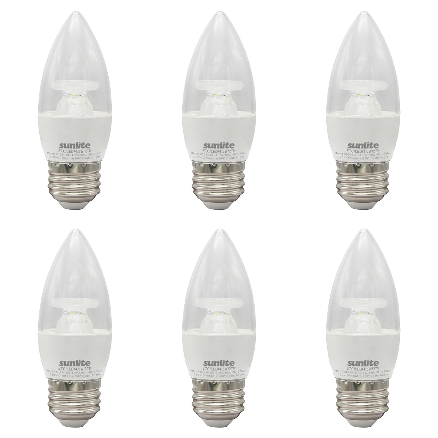 Sunlite LED B11 Clear Chandelier Light Bulb, 4.5 Watts (40W=), 300 Lumens, 120 Volts, Dimmable, Medium E26 Base, Energy Star, 90 CRI, ETL Listed, Torpedo Tip, 2700K Soft White, 6 Pack