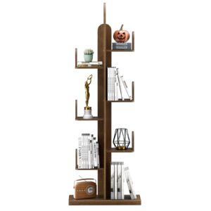 LAZEYARD Cactus Bookshelf, Tree Bookshelf for Bedroom, Solid Wood Geometric Bookcase, Spine Bookshelf and Book Tower with Living Room, Walnut