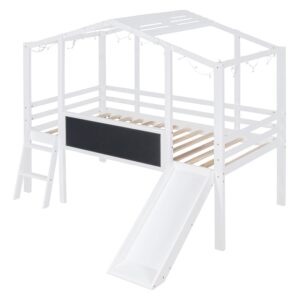 Kids House Bed with Slide, Twin Size Low Loft Bed with Light and Blackboard, Wood Treehouse Loft Bed with Ladder and Slats Support, White