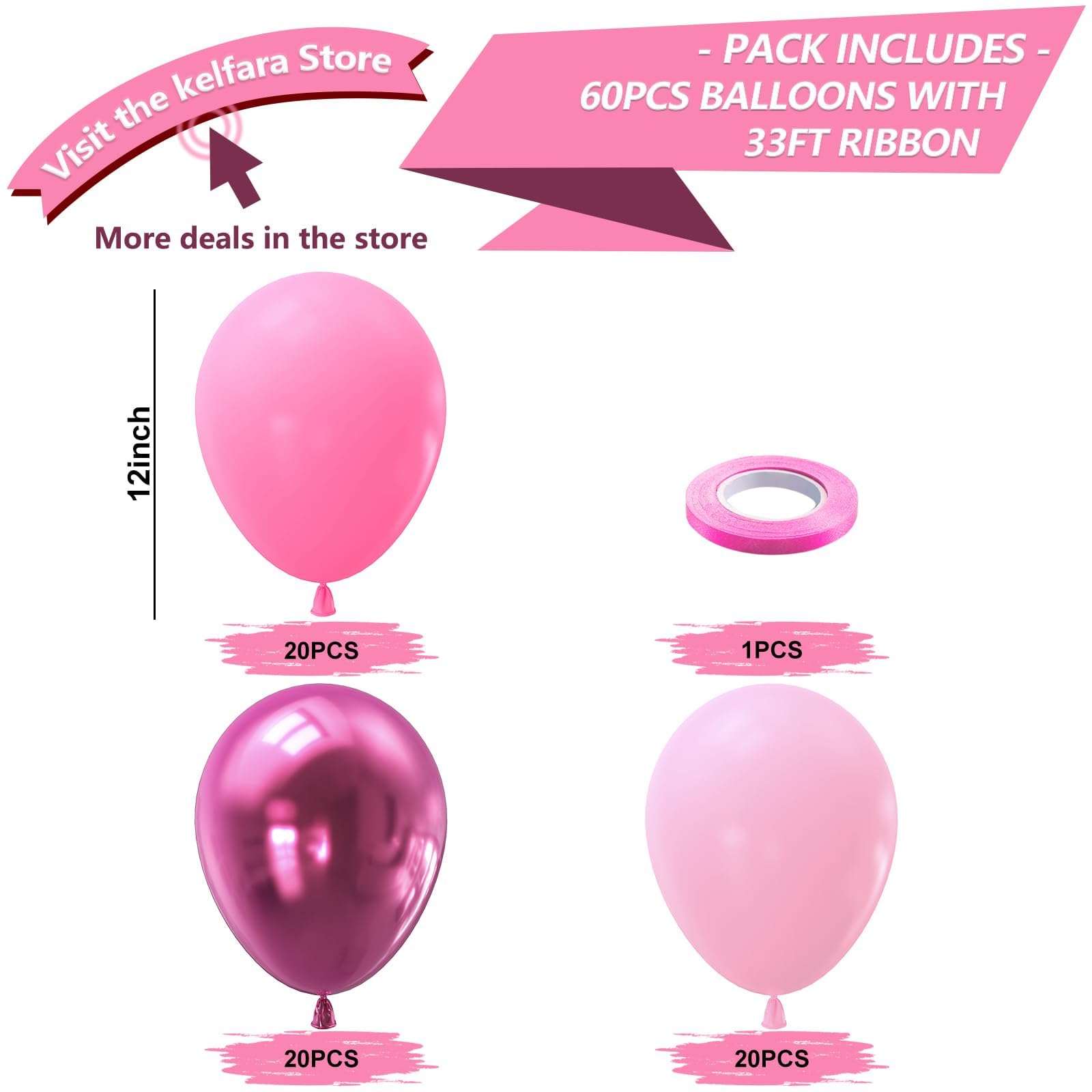 Kelfara Pink Balloons Metallic Hot Pink Balloons 60PCS 12inch Light Pink Dark Magenta Pink Latex Balloons for Grils Birthday Princess Baby Shower Wedding Party Supplies Decoration