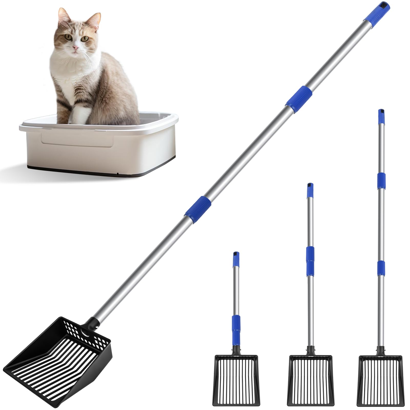 JAMIEWIN Extendable Metal Cat Litter Scoop, Long Handle Litter Sifting Shovel, 21"-39.5" No Bending Back Cat Scooper for Litter Box Heavy Duty Pet Poop Shovel Chicken Poop Scooper