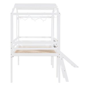 Kids House Bed with Slide, Twin Size Low Loft Bed with Light and Blackboard, Wood Treehouse Loft Bed with Ladder and Slats Support, White