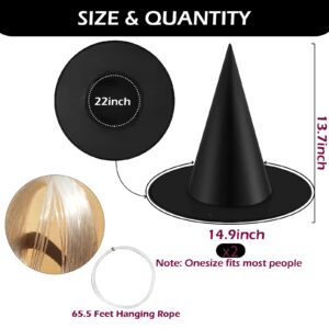 2 Pack Halloween Black Witches Hat Witch Hats Hanging Witch Hats with Hanging Rope for Halloween Party Decorations