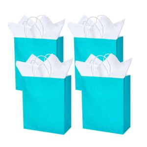 DjinnGlory 50 Pack Medium Size Teal Blue Paper Gift Bags with Handles 10x8x4 Inch and 50 White Tissue Paper for Small Business Wedding Bridal Baby Shower Birthday Party Favors Goodies