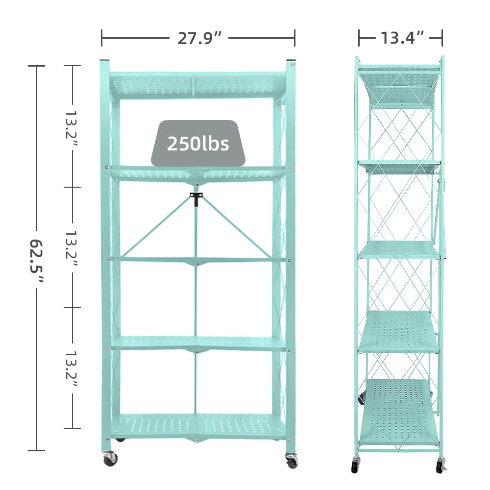 SUSIELADY 5-Tier Foldable Metal Storage Shelving Unit with Wheels and Hooks - Heavy Duty Garage, Kitchen, or Closet Organizer - 27.9"x13.4"x62.5" - No Assembly Required (Blue)