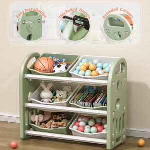 Kids Toy Storage Organizer, 3-Tier Multi-Functional Toy Shelf and 6 Toy Bins, Large Storage Capacity Toy Storage Cabinet for Kids Room, Playroom, Nursery Room(Light Green)