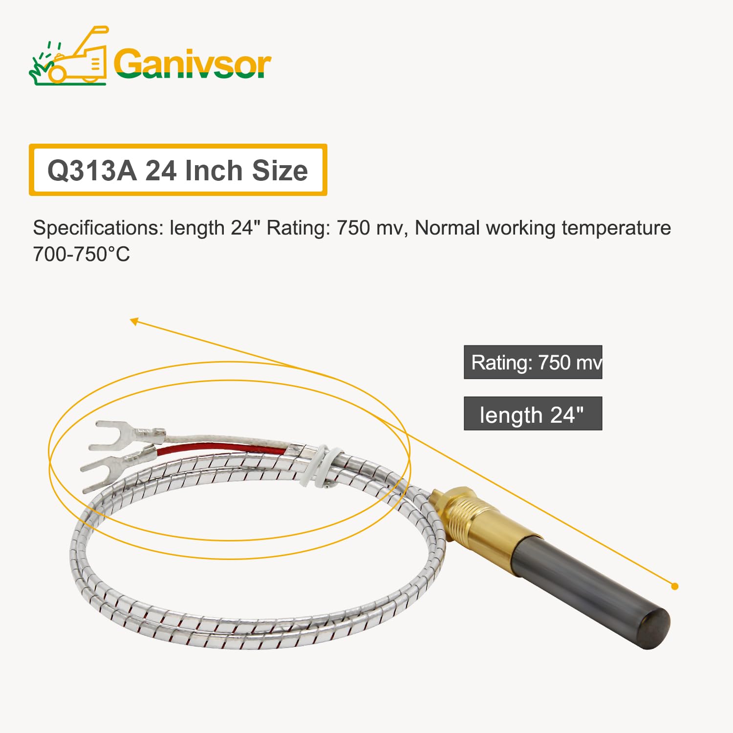 Ganivsor 24" Thermopile Generators 750 Millivolt Thermopile Q313A for Gas Water Heater/Fireplace/Gas Fryer/Oven, 750 Temperature Resistance Cluster Thermocouple for Fireplace (24" Aluminum)