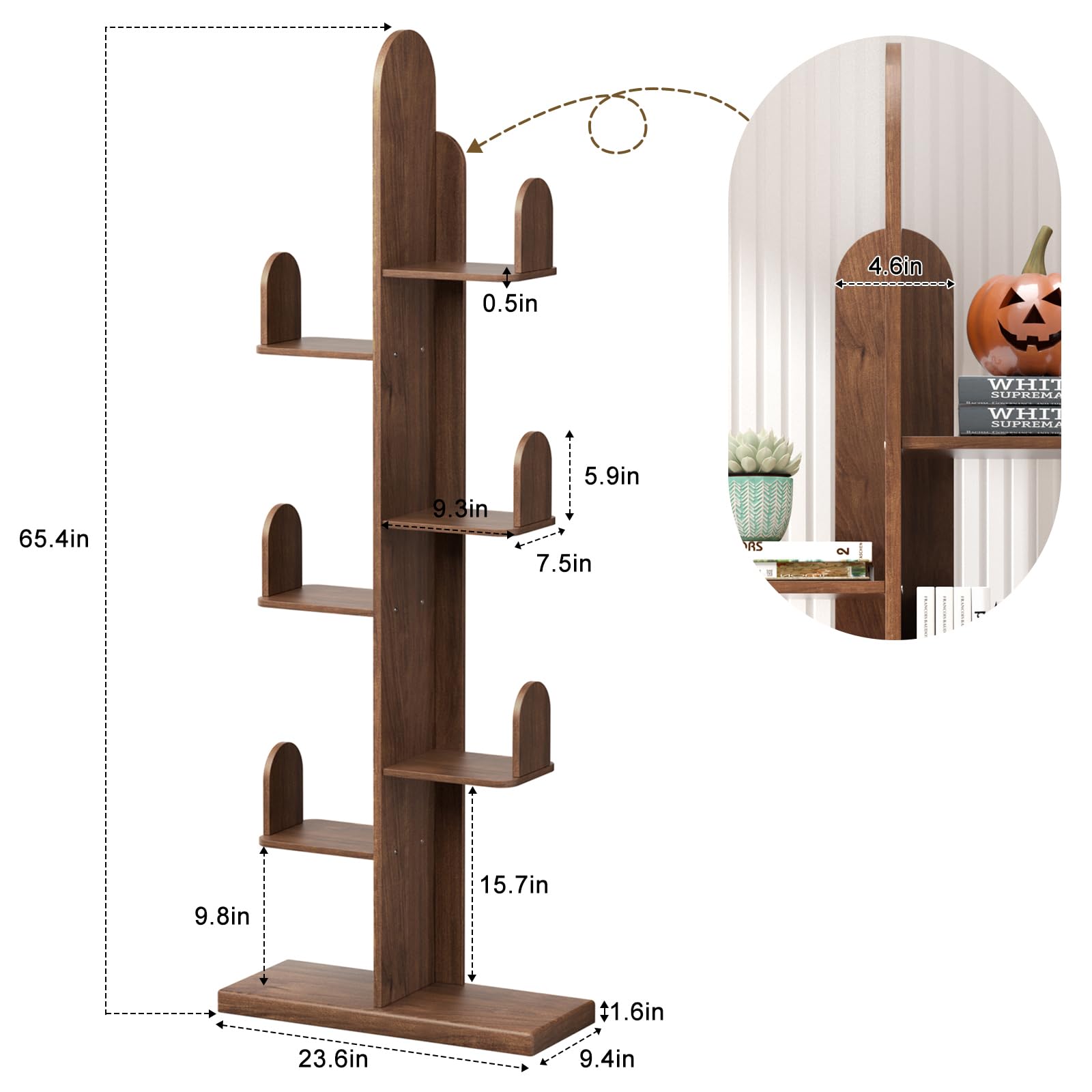 LAZEYARD Cactus Bookshelf, Tree Bookshelf for Bedroom, Solid Wood Geometric Bookcase, Spine Bookshelf and Book Tower with Living Room, Walnut