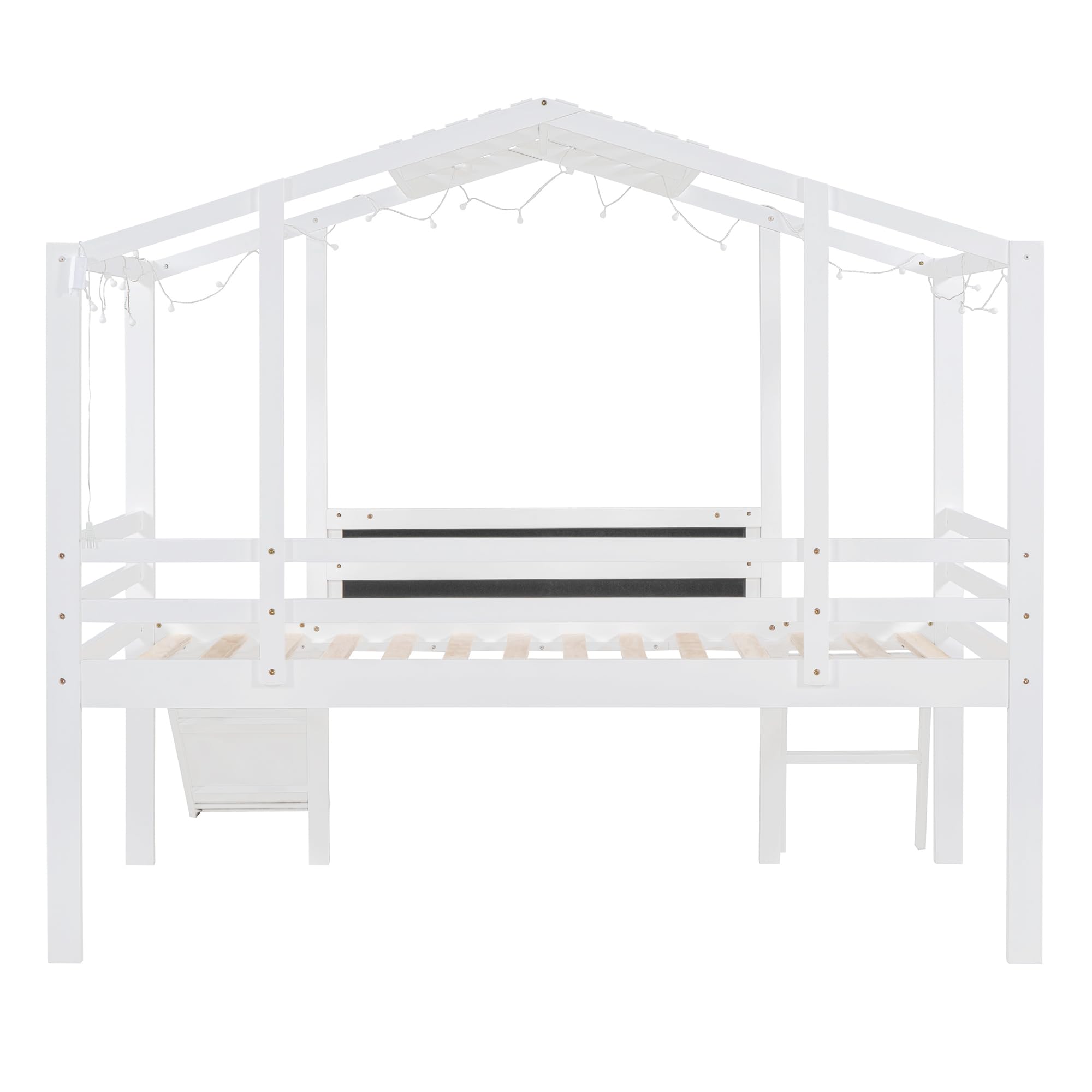 Kids House Bed with Slide, Twin Size Low Loft Bed with Light and Blackboard, Wood Treehouse Loft Bed with Ladder and Slats Support, White