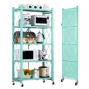 susielady 5-tier foldable metal storage shelving unit with wheels and hooks - heavy duty garage, kitchen, or closet organizer - 27.9"x13.4"x62.5" - no assembly required (blue)