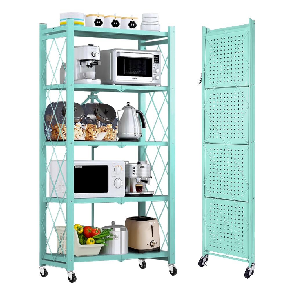 SUSIELADY 5-Tier Foldable Metal Storage Shelving Unit with Wheels and Hooks - Heavy Duty Garage, Kitchen, or Closet Organizer - 27.9"x13.4"x62.5" - No Assembly Required (Blue)