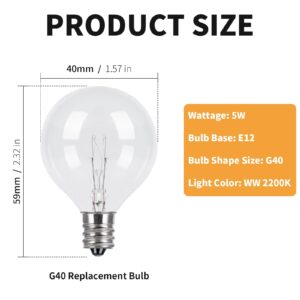 CYLYT 25-Pack G40 Replacement Light Bulbs, 5W Clear Globe Bulbs for Outdoor String Light (E12 / C7 Screw Base Sockets), Warm White 2200K, 20 Lumen, Dimmable