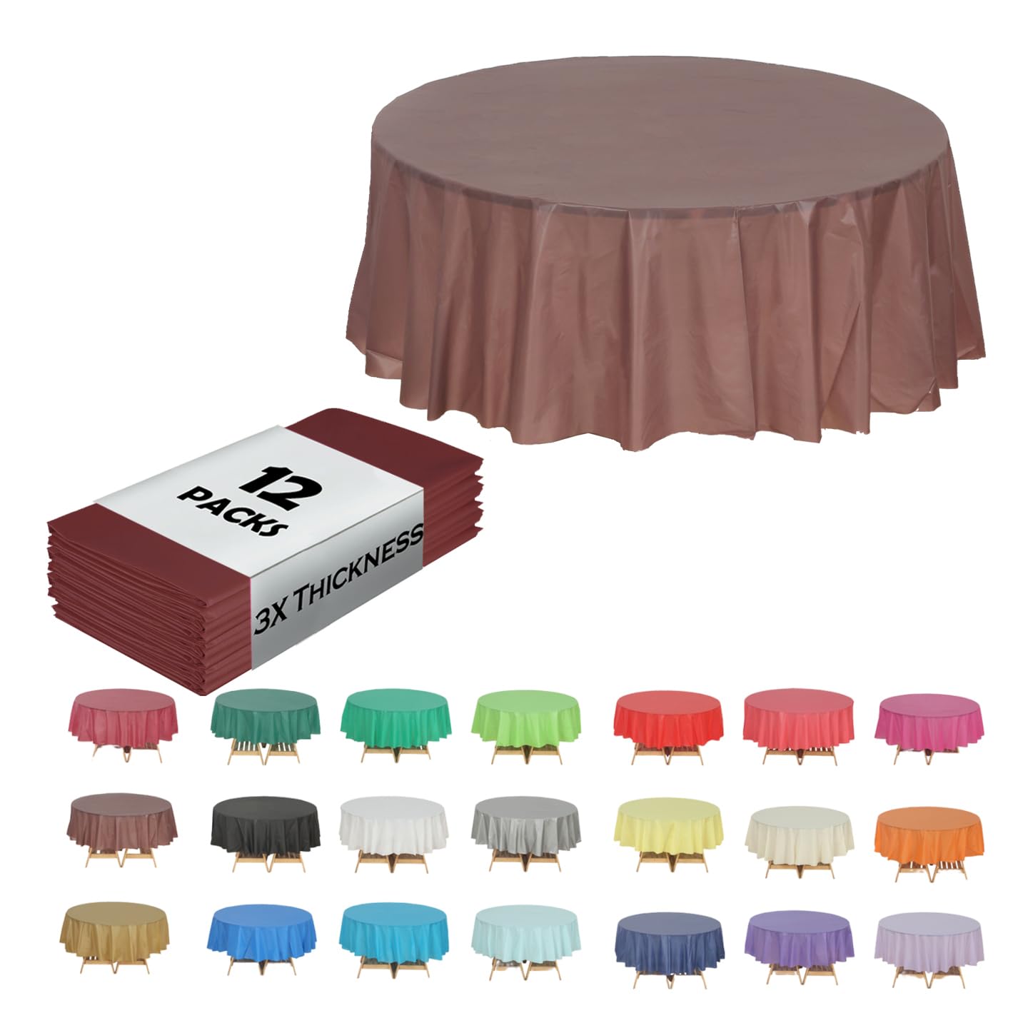 Evershine 12-Pack Heavy Duty Brown Round 84" Plastic Table Covers Tablecloth (Reusable) (Round 84", Brown)