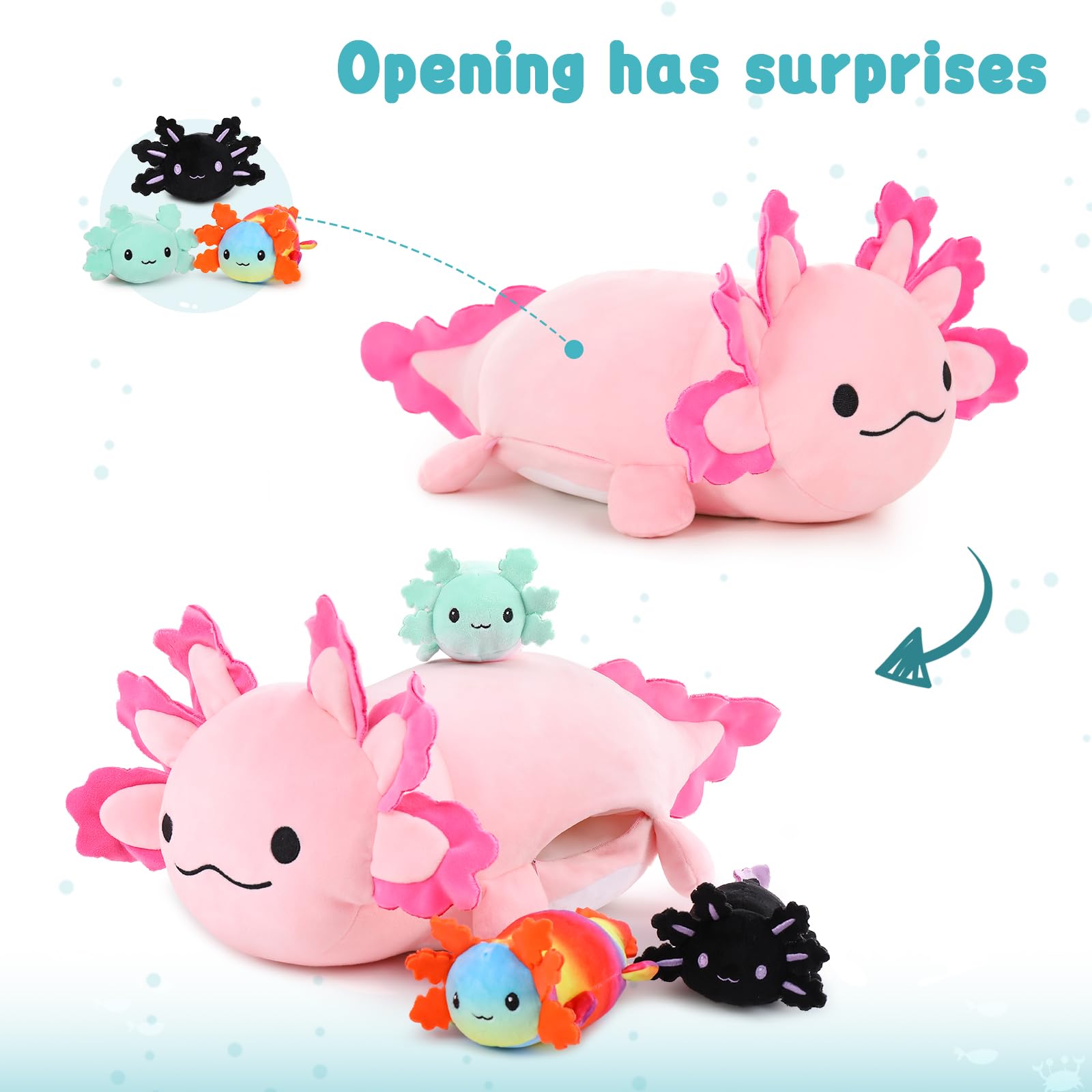 MaoGoLan 4Pcs Giant Axolotl Plush with 3 Babies Inside-23.5" Large Ultra Soft Axolotl Stuffed Animals Throw Pillow-Squishy Plush Collection Gift for Axolotl Lover,Kids,Teens