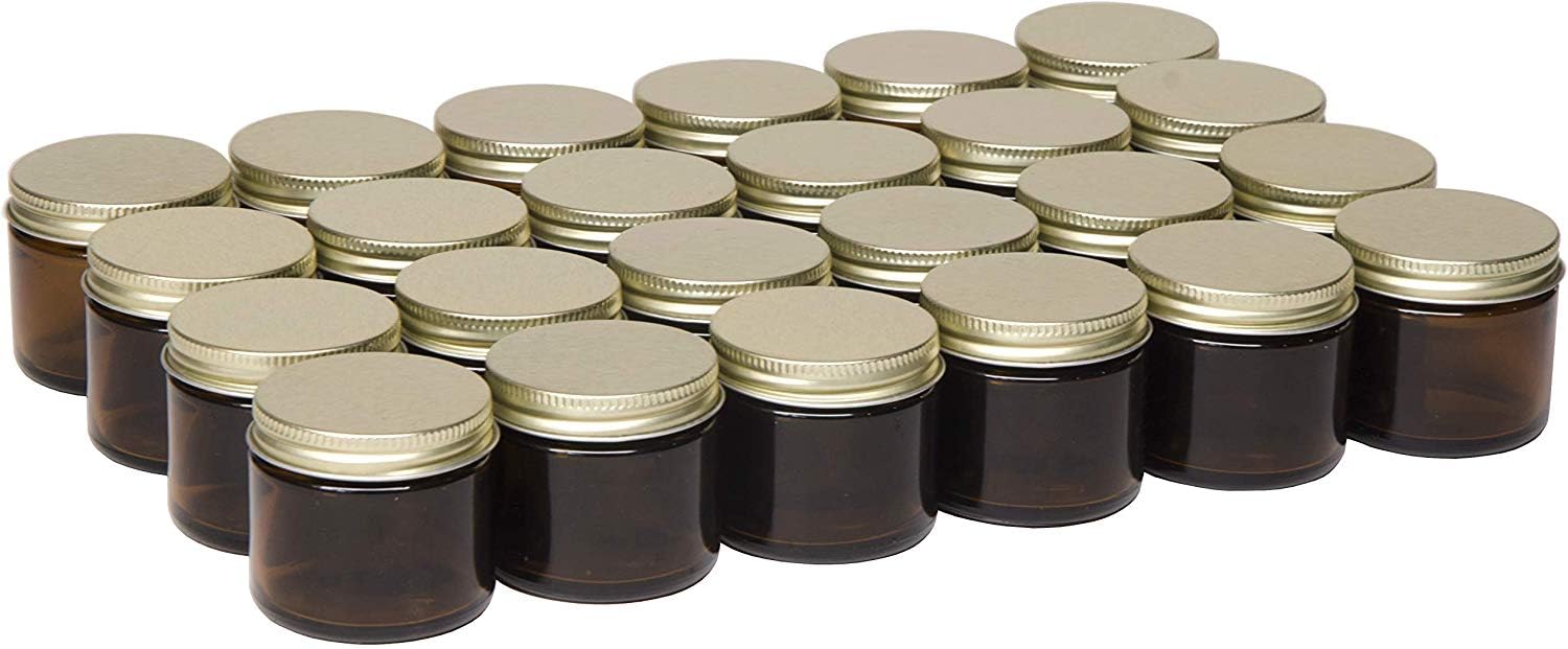 North Mountain Supply 2 Ounce Amber Glass Straight Sided Spice/Canning Jars - with 53mm Gold Metal Lids - Case of 24