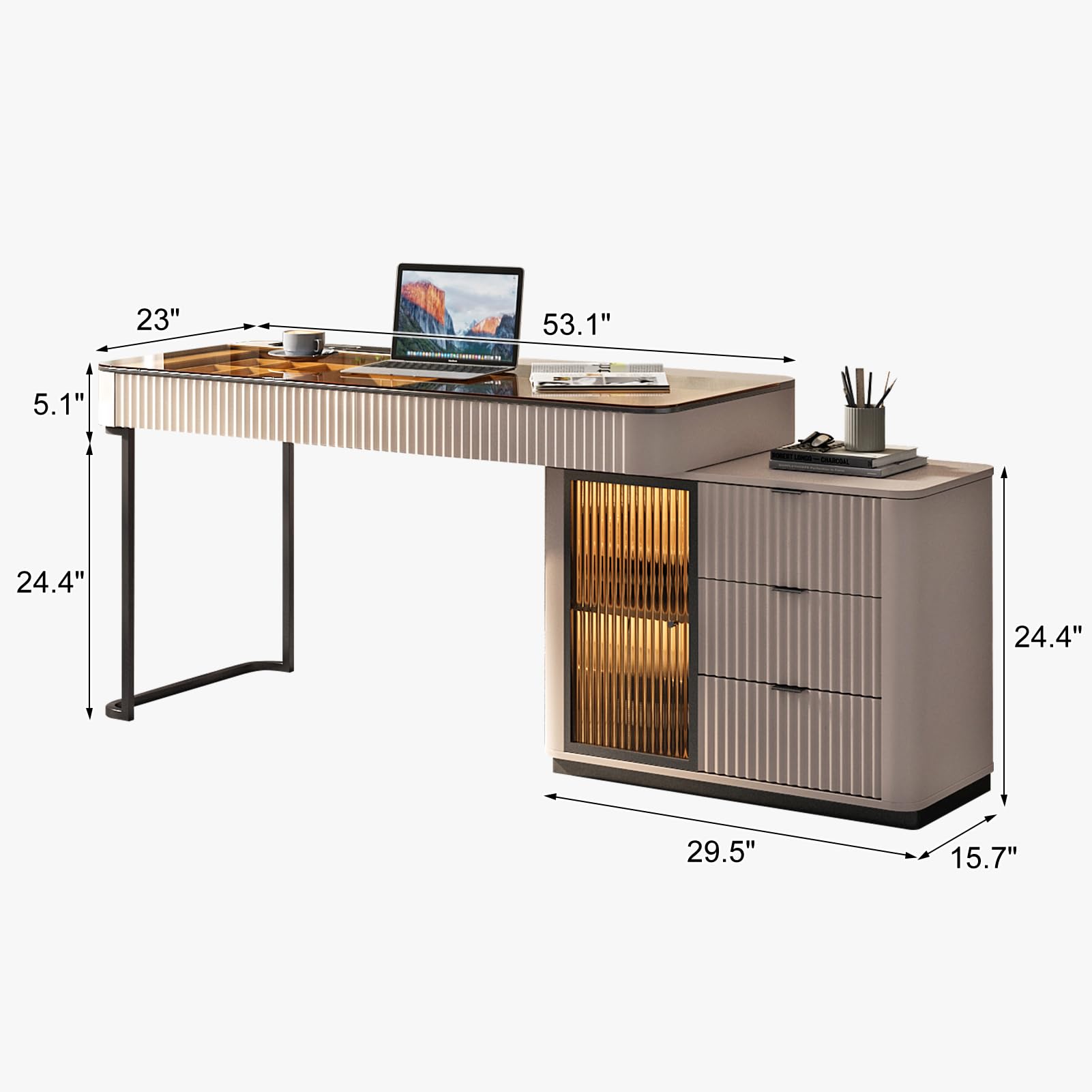 Lartis Office Desk, Very Easy to Assemble，Computer Desk, Home Telescopic Writing Desk, Storage Cabinet Retractable Corner, Built-in LED Lights, Five Large Storage Drawers, compartmentalized Storage