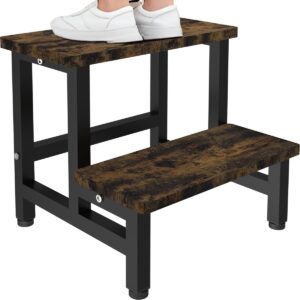 tigerden wooden 2 step stool for toddlers kids and adults, heavy duty stepping stools with 500 lb load capacity, foot step stool for bed, living room, bathroom, kitchen - rustic brown & black