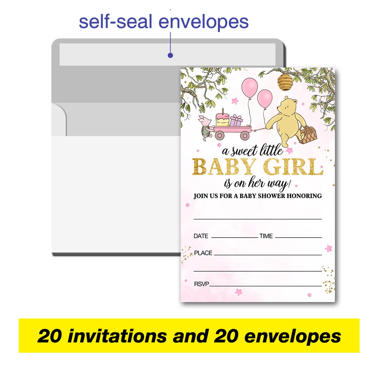 brayqu Winnie the Pooh Girl Baby Shower Party Invitations Pink Baby Shower Girl Party Invites (20 Cards with Envelopes)