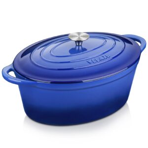 velaze 7.5 qt enameled oval dutch oven pot with lid, cast iron dutch oven with dual handles for bread baking, cooking, frying, non-stick enamel coated cookware（blue)