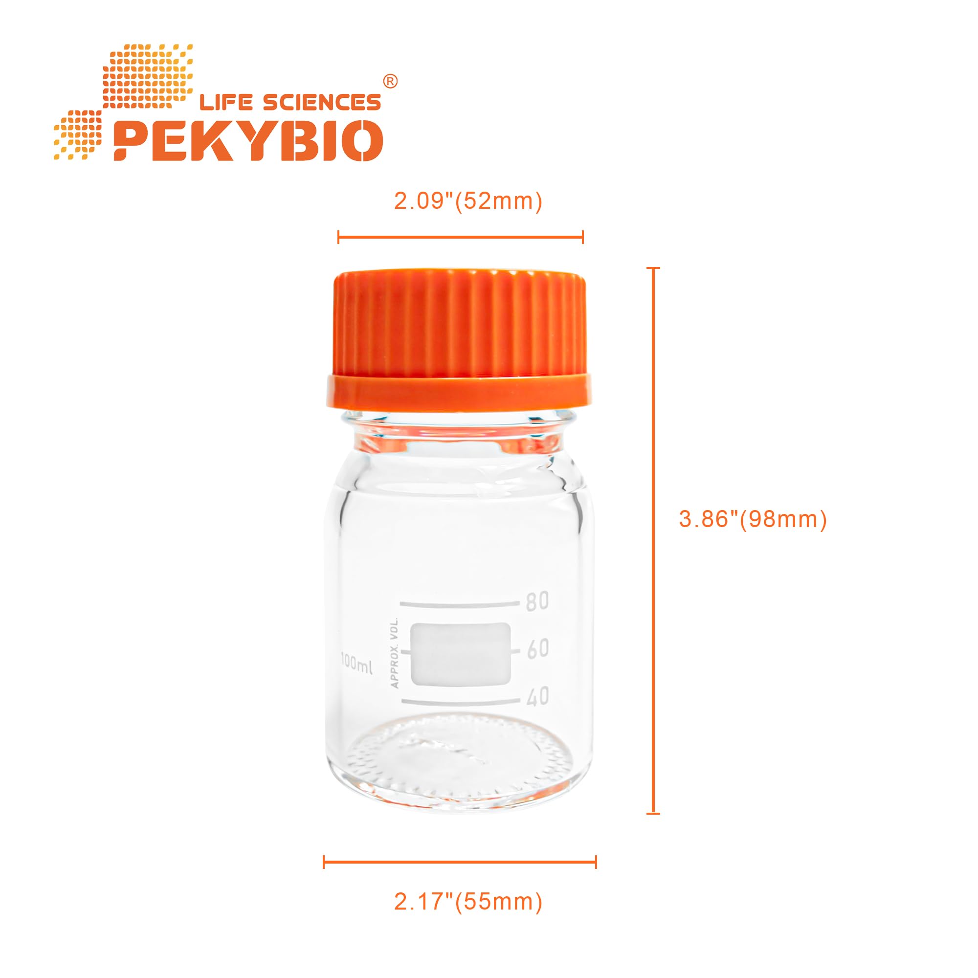 PEKYBIO Glass Media Bottle 100ml Round Storage Bottles 3.3 Borosilicate Glass Regent Bottles with PP GL45 Screw Cap (Pack of 6)