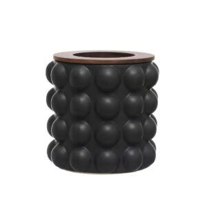 creative co-op round stoneware waste raised dots and removable acacia wood rim, matte black and natural, set of 2 bin