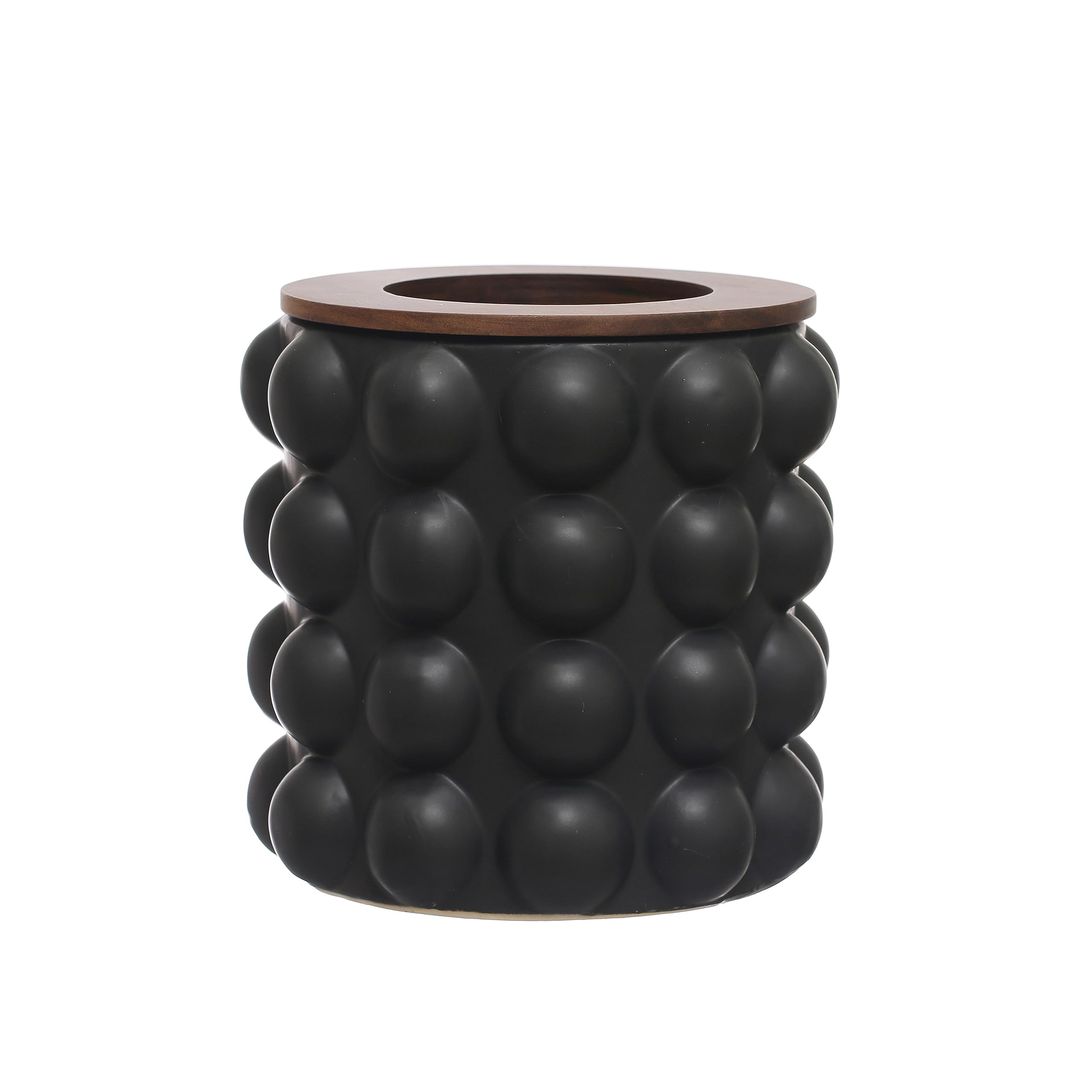 Creative Co-Op Round Stoneware Waste Raised Dots and Removable Acacia Wood Rim, Matte Black and Natural, Set of 2 Bin