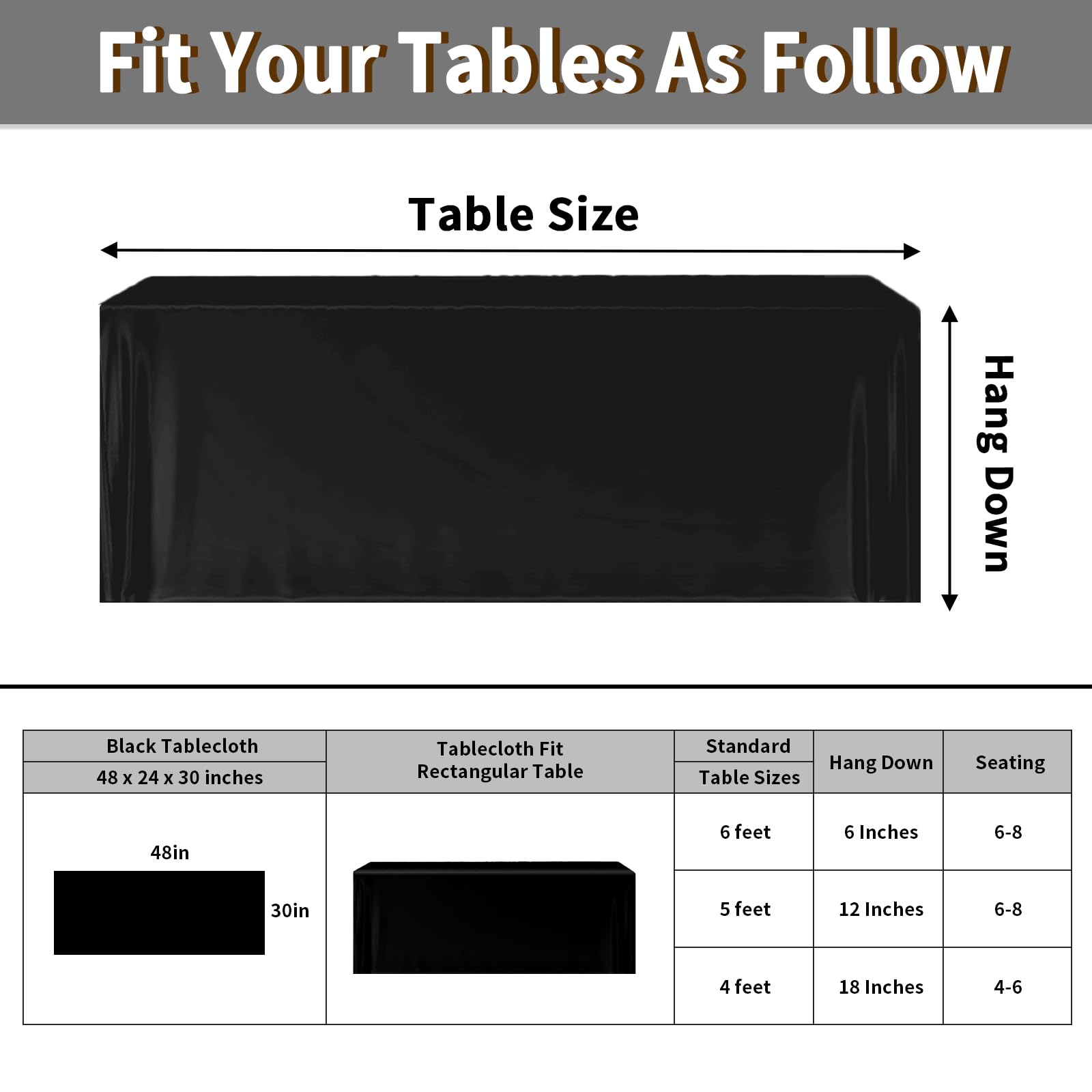 Fixwal Table Covers, 2 Pack, Black Table Covers for 4 Foot Tables, 48 x 24 Inch Fitted Tablecloth, 4FT Table Cover Fitted