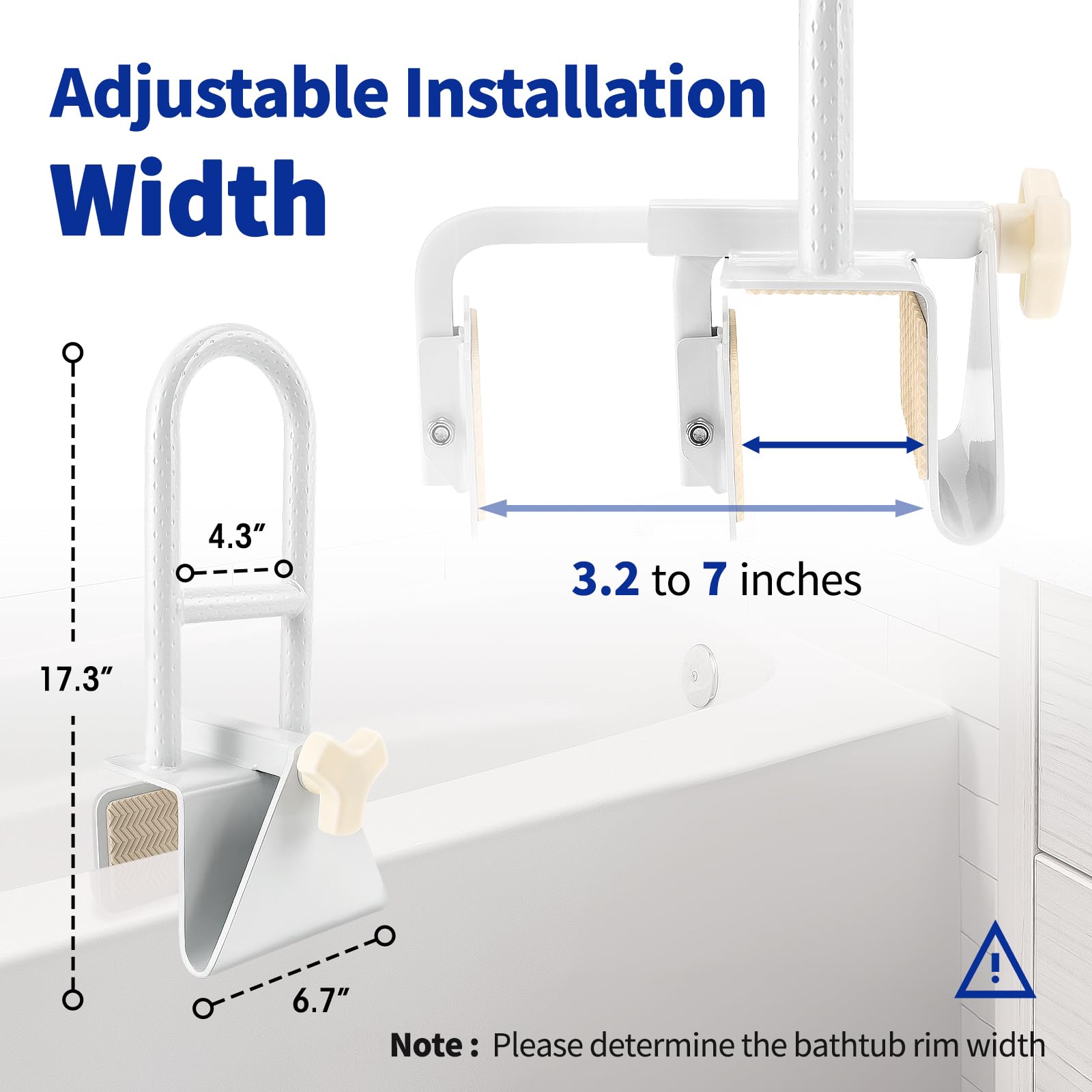 SDSNTE Heavy-Duty Adjustable Bathtub Safety Rail with Anti-Slip Design, Tub Grab Bar for Seniors, Elderly, and Handicapped Safety, 300LBS Weight Capacity, White