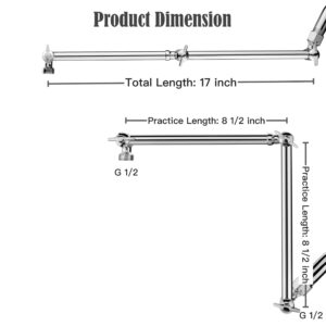 16 inch Dual Extension Extra Long Adjustable Shower Head Extension Arm With Locking Set Screw, Singing Rain Brass Angle Height Adjustable, G1/2 Universal Connector Compatible (Chrome Finish)