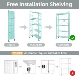 SUSIELADY 5-Tier Foldable Metal Storage Shelving Unit with Wheels and Hooks - Heavy Duty Garage, Kitchen, or Closet Organizer - 27.9"x13.4"x62.5" - No Assembly Required (Blue)