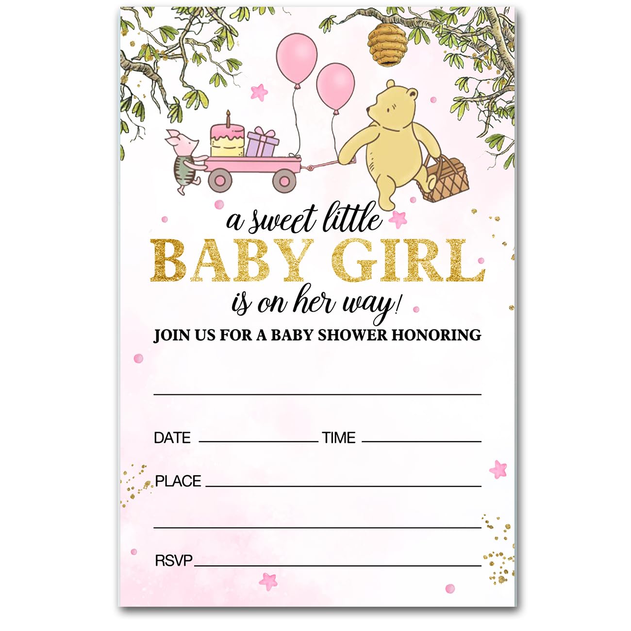 brayqu Winnie the Pooh Girl Baby Shower Party Invitations Pink Baby Shower Girl Party Invites (20 Cards with Envelopes)