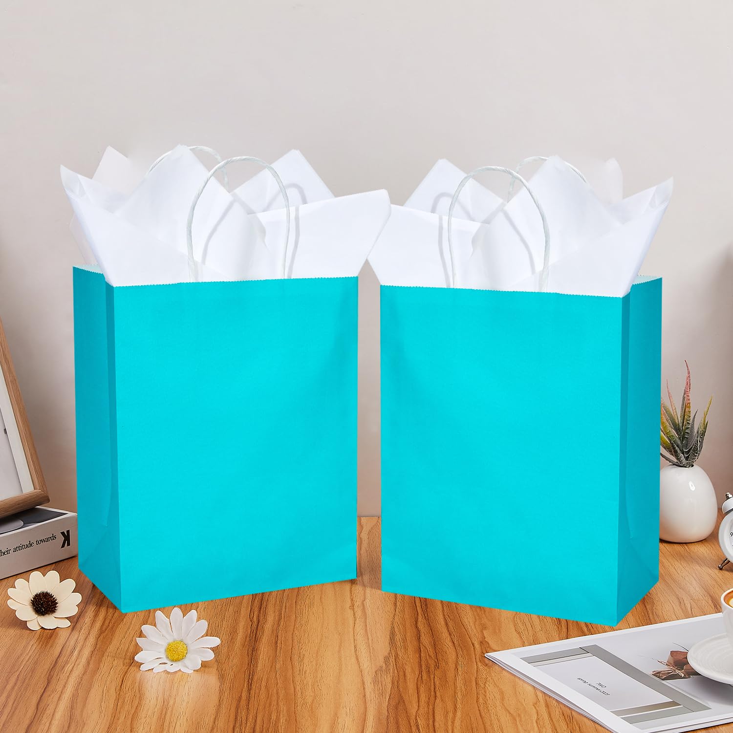 DjinnGlory 50 Pack Medium Size Teal Blue Paper Gift Bags with Handles 10x8x4 Inch and 50 White Tissue Paper for Small Business Wedding Bridal Baby Shower Birthday Party Favors Goodies