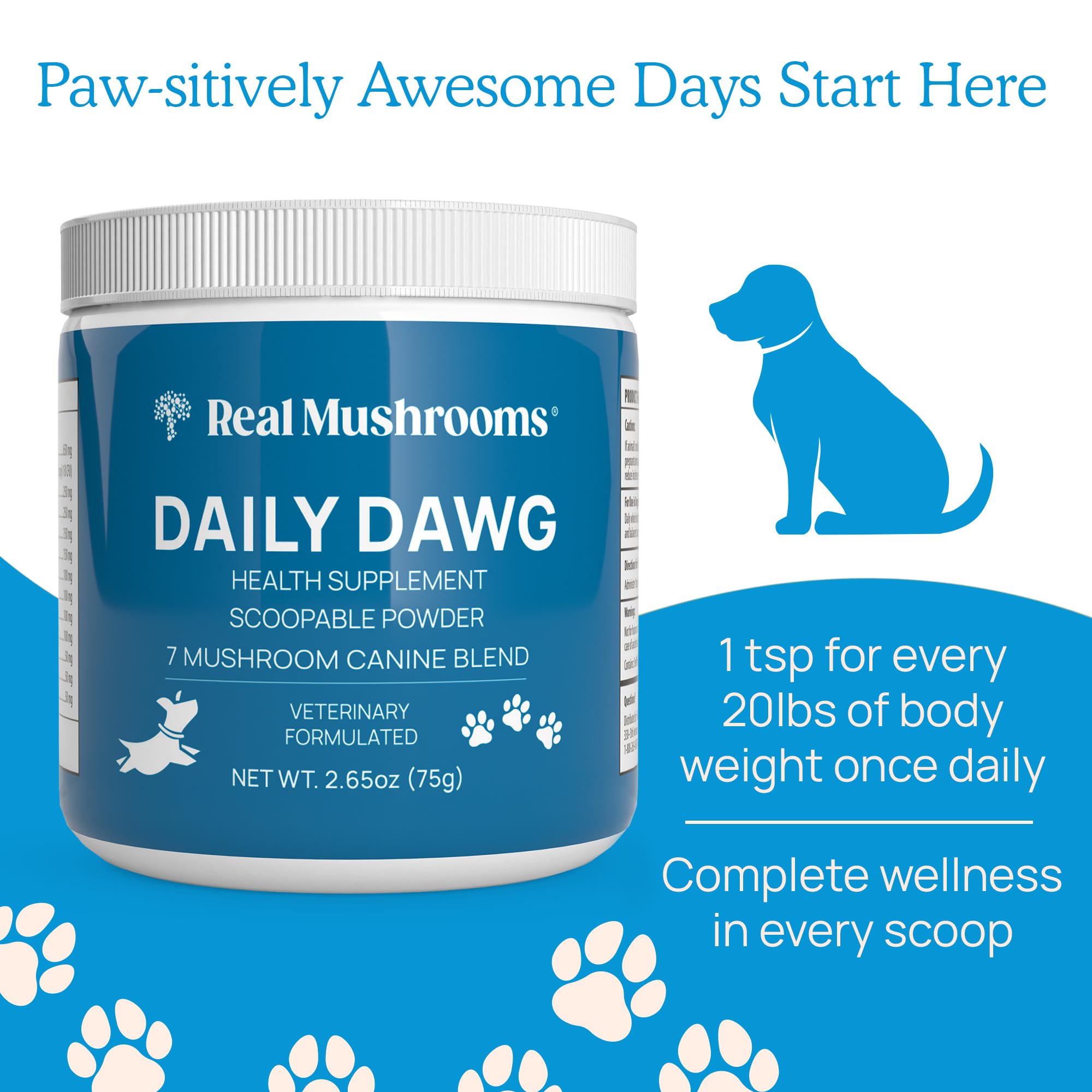 Daily Dawg Mushroom Extract Powder Support - (2.65 oz) Bulk Mushroom Powder Supplement & Dog Vitamins with Real Mushrooms Lion's Mane, Cordyceps Mushroom, Turkey Tail, Reishi & Shiitake