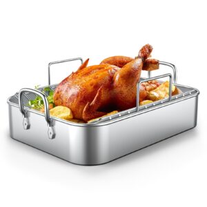 17x13in stainless steel turkey roaster with racks - non-toxic, heavy duty, for roasting turkey, chicken, meat, lasagna