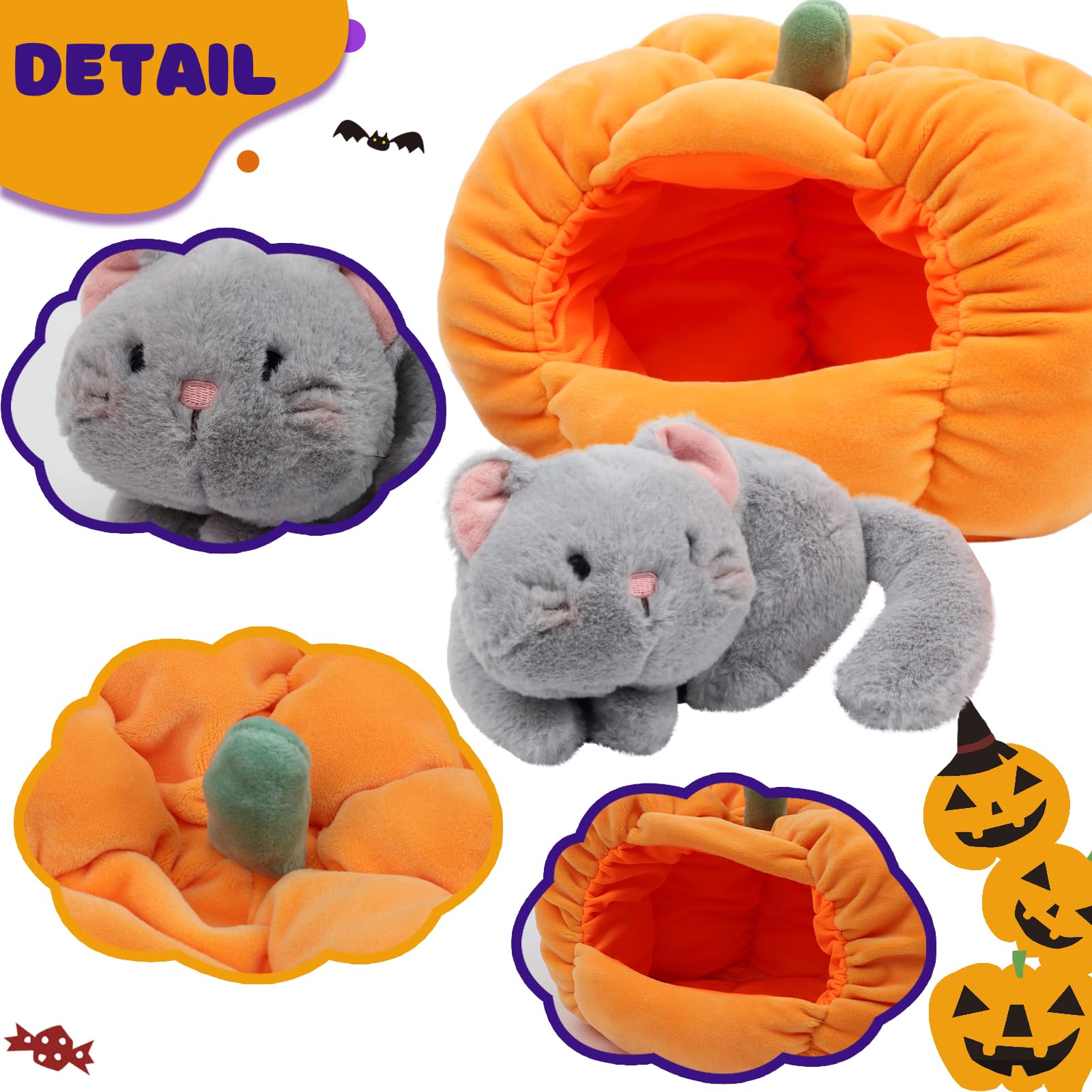 Hopearl Halloween Cat Pumpkin Cave Sufffed Animal 2 in 1 Playset Pet with Pumpkin House Plush Toy Pillow with Separable Kitty Gift for Kids, 9.5''