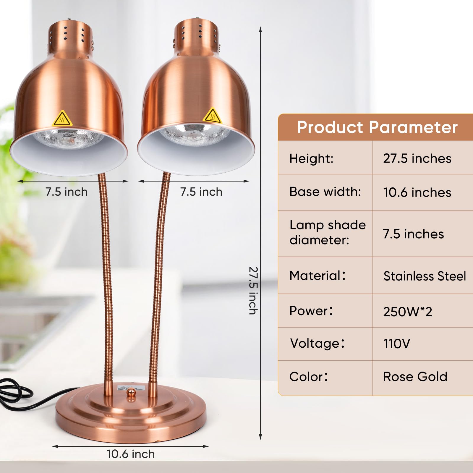 SOKO Food Heat Lamp - Commercial Food Warming Lamp with Dual 250w Bulbs 360°Adjustable Head Food Warmer Heat Lamp for Food Heating Buffet Parties Restaurant Kitchen Home Use, Rose Gold