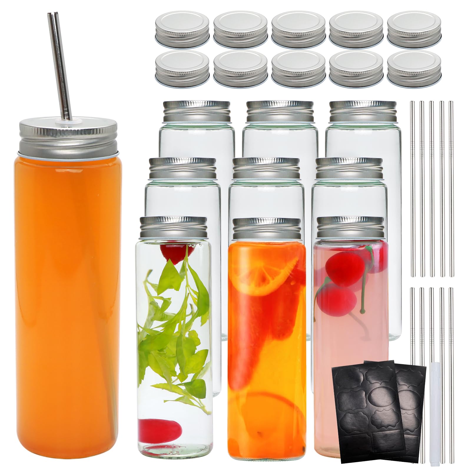 14 OZ Glass Juicing Bottles with Airtight Lids, Reusable Drinking Jars with Straw & Lids with Hole, Glass Water Bottles for Juice, Beverage, Smoothie, Tea, Kombucha, Homemade Drinks (10 Pack)