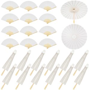 paterr 24 pcs 33'' paper umbrellas 8'' paper fans decorative chinese japanese parasol diy oiled paper painting crafts for wedding bridal party favor photography prop, white