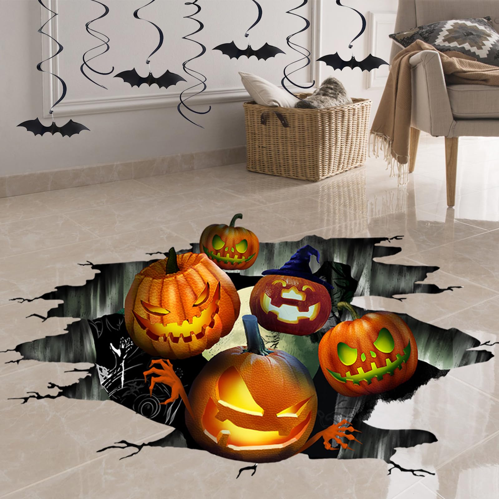 NICEMOVIC Halloween Floor Stickers, 3D Halloween Floor Decoration, Halloween Wall Window Decals Removable, Halloween Pumpkin Decoration Stickers, Halloween Scary Stickers for Home Office Party Decors