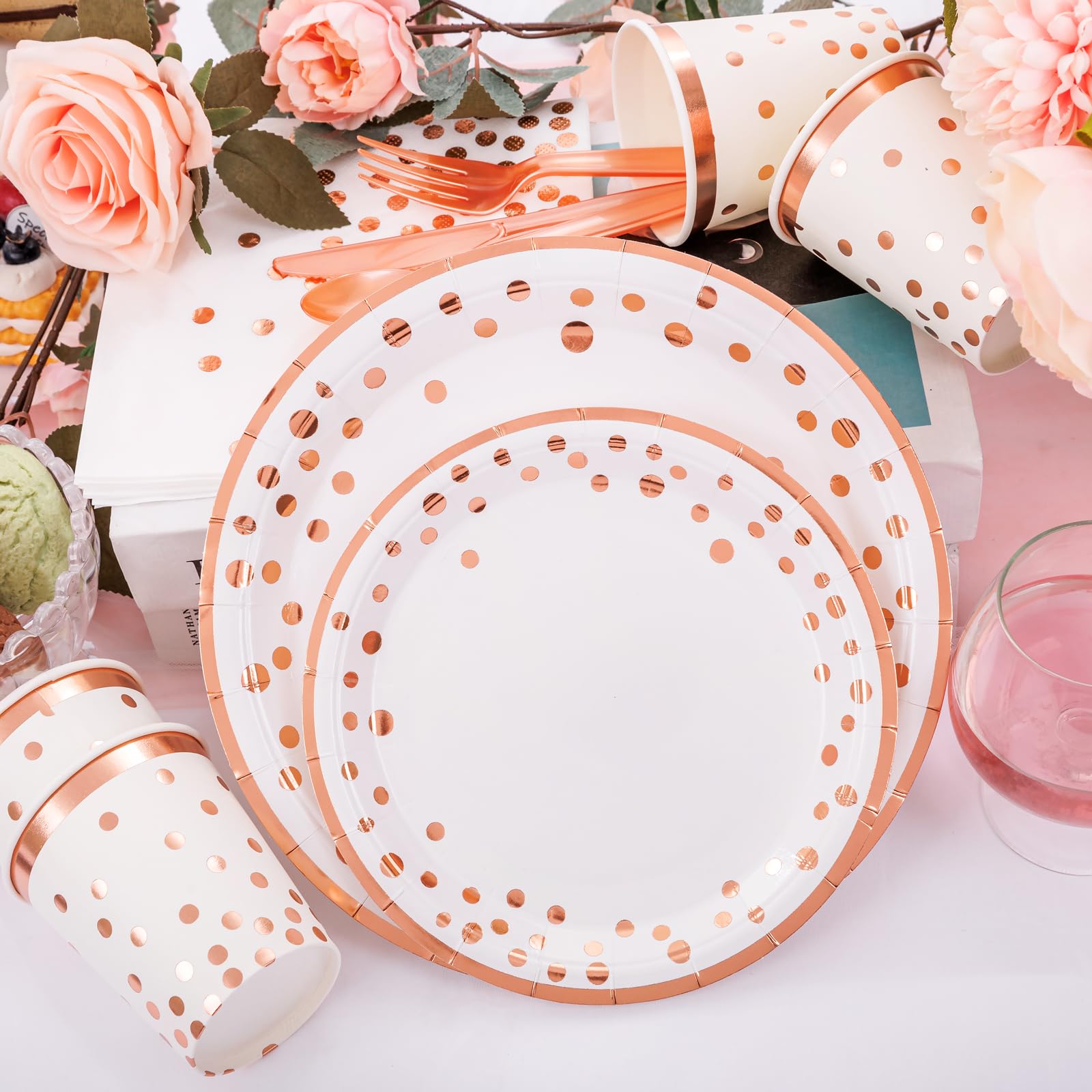 Supernal 350pcs Rose Gold Plates and Napkins Party Supplies,Happy Birthday Plates and Napkins,Rose Gold Paper Plates,Napkins,Cups,Rose Gold Plastic Forks,Knives,Spoons for Womens Birthday Decorations