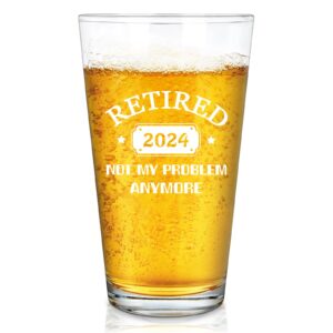 dazlute retirement gifts for men, retired 2024 not my problem anymore beer glass, funny retired gifts for boss coworker husband teacher friends dad grandpa, 15 oz beer pint glass